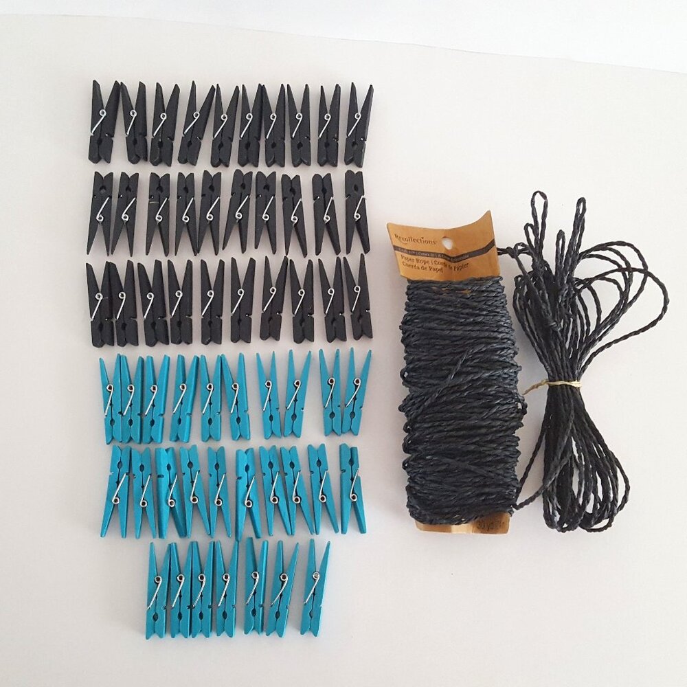 Clothespins 2" Black/Teal & Paper Rope Black